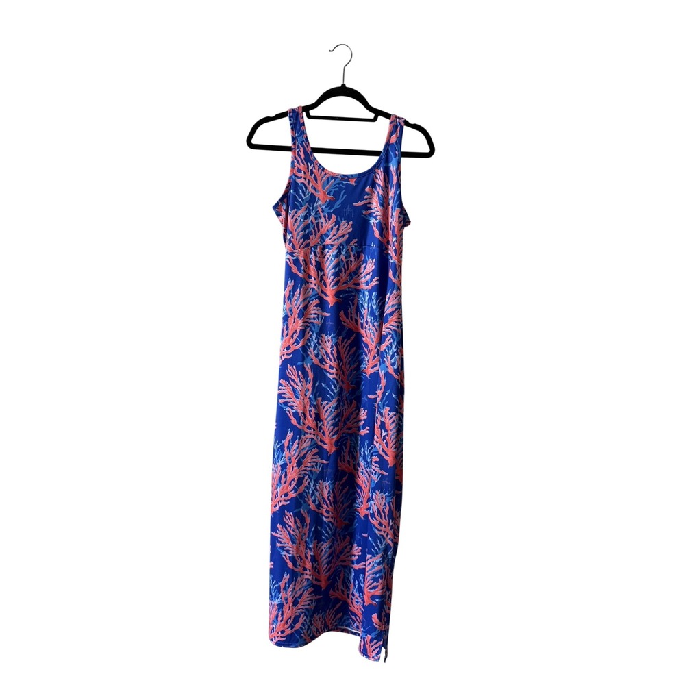 Guy Harvey Womens Medium Blue Pink Coral Reef Print Sleeveless Maxi Dress Slit